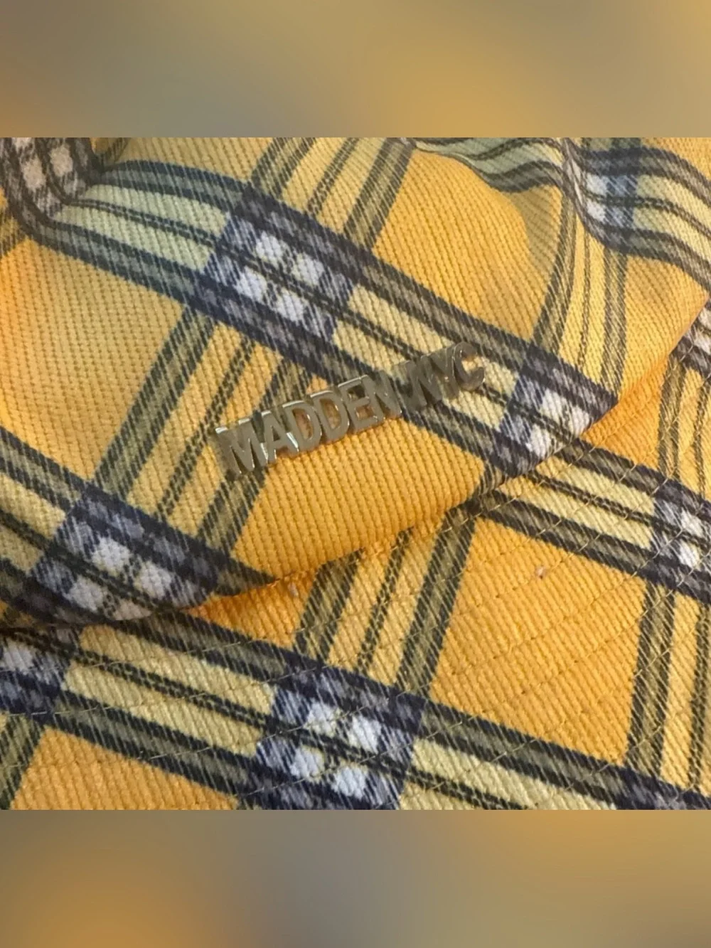 Steve Madden Yellow Plaid Bucket Hat with Gold Logo